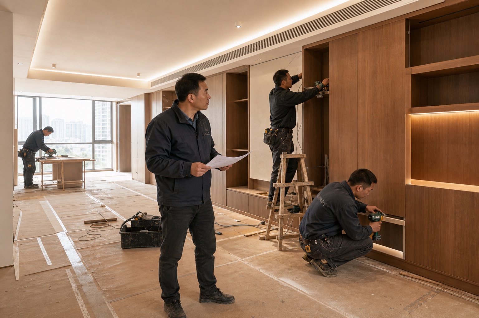 尚邦装饰装修施工现场，项目团队正在进行柜体安装与交付巡检